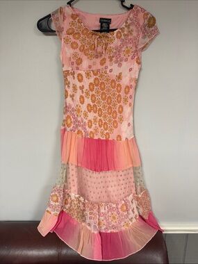 Girls George Whimsy Layered Midi Pink & Orange Lined Floral Dress 10